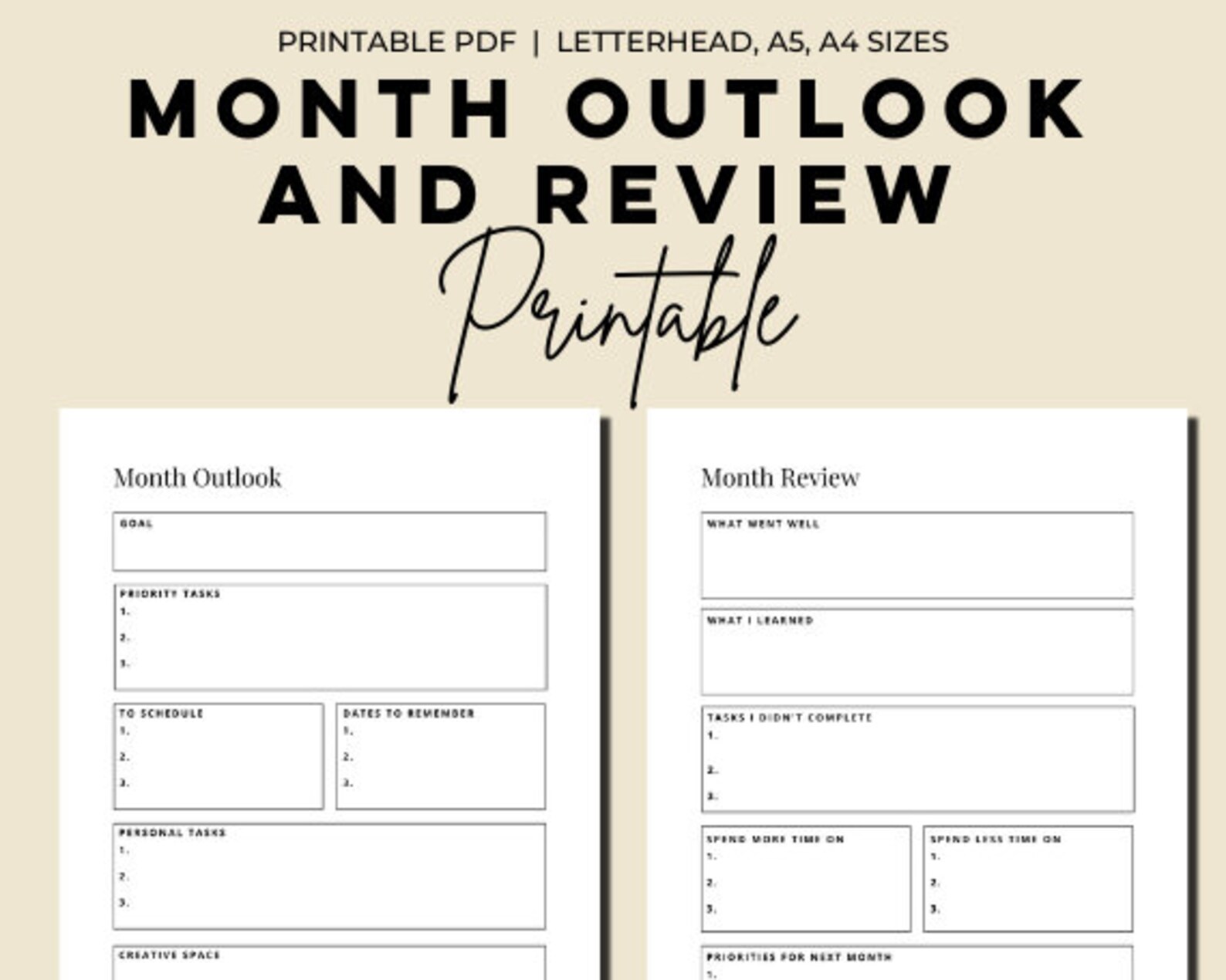 Monthly Planner Printable, Month Outlook Template, Month Review ...