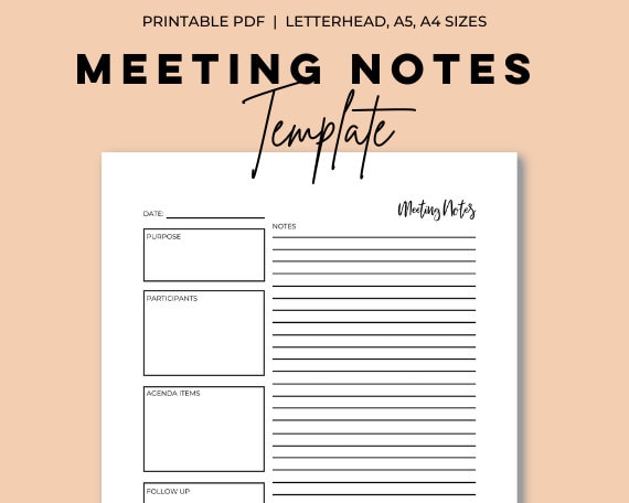 Meeting Notes Template, Agenda Template, Meeting Printable