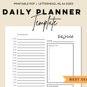 Daily Planner Printable, A5 Planner, A4 Planner, Daily To Do List Template, Time Management, Digital Download