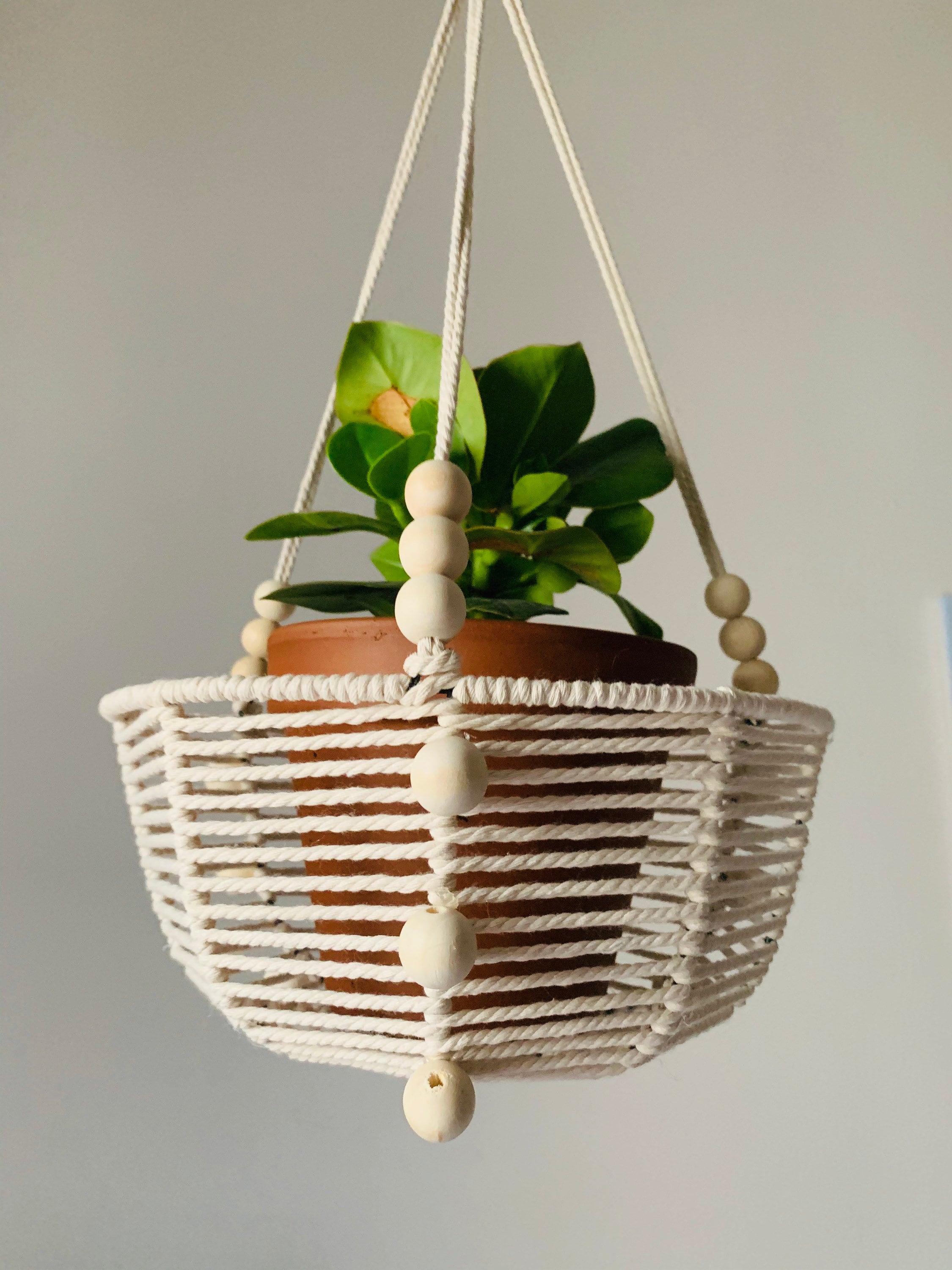 Macrame Wood Beaded Hanging Basket Etsy UK