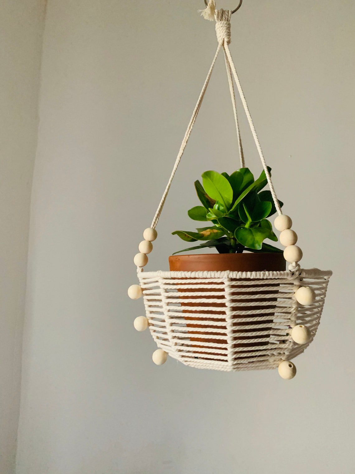 Macrame Wood Beaded Hanging Basket Etsy UK