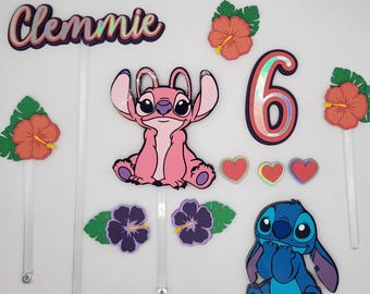 Stitch and Angel Topper | Hawaiian Birthday Party Decoration | Personalized Cake Topper | Cute Lilo and Stitch Theme | Party Decor