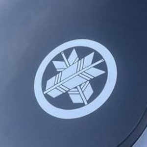 Pode incluir: Um carro preto com um adesivo branco de um design de seta estilizado na janela traseira.