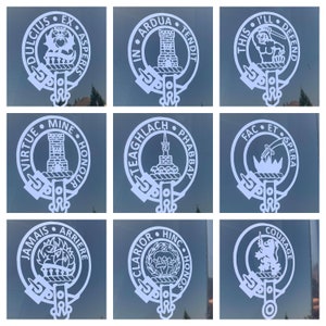 May include: Nine white circular designs with black text and images. The designs are similar to heraldic crests. The text includes phrases like "In Ardua Tendit", "This I'll Defend", "Fac Et Spera", and "Clarior Hinc Honos".