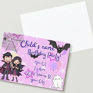 May include: Purple and pink birthday party invitation with a cartoon vampire and a girl. The invitation includes the text "Child's name Birthday Party!"  "Nov 01 1-4pm 1234 Address St. Your City"