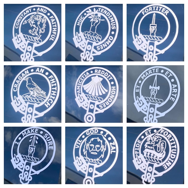 Clan Decals - MacQueen, Paterson, MacAlister, MacDonell of Glengarry, Pringle, Bain, Kirkpatrick, Menzies, and Farquharson.