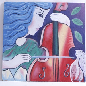 Lady with Bird Playing Cello, Painting, Signed, Elise Olney, 16x15", Bright Colors, Musician, Portrait, Fine Art, ~ WH-021 1-1