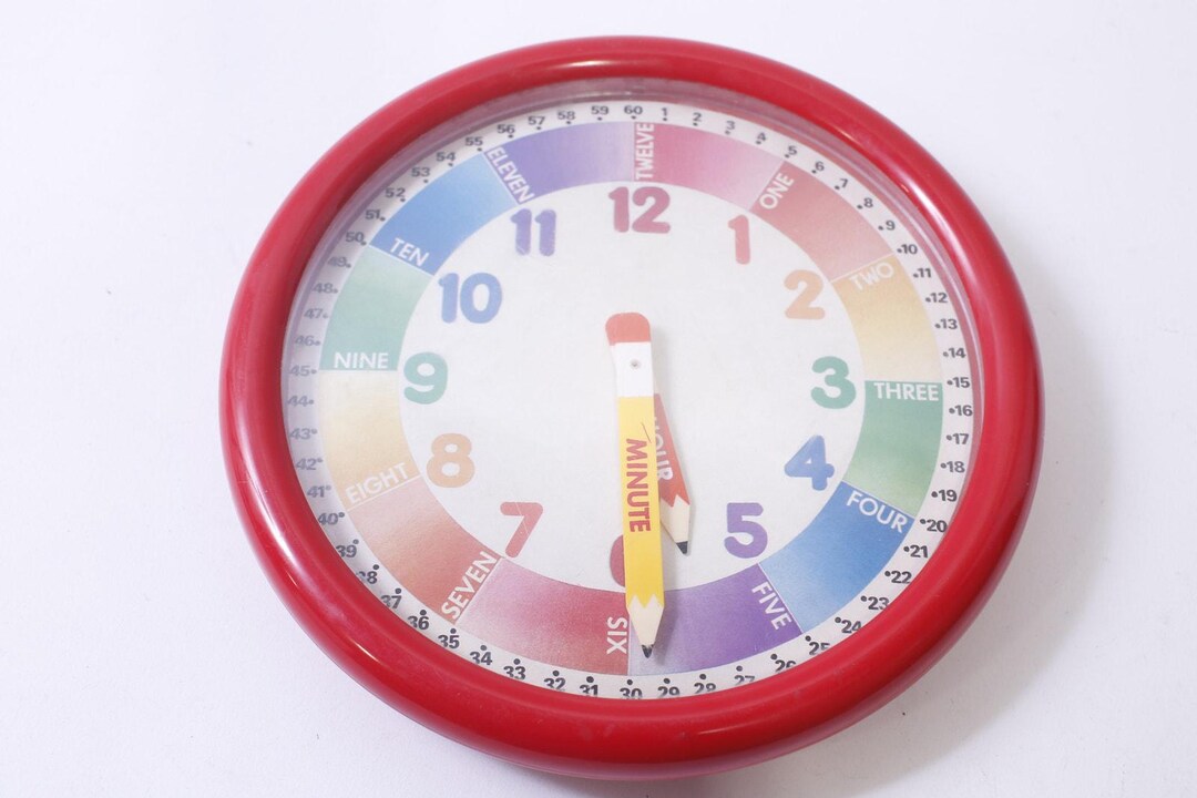 Kids Learning Clock, Round, Red Frame, Wall Mount, Pre-school ...