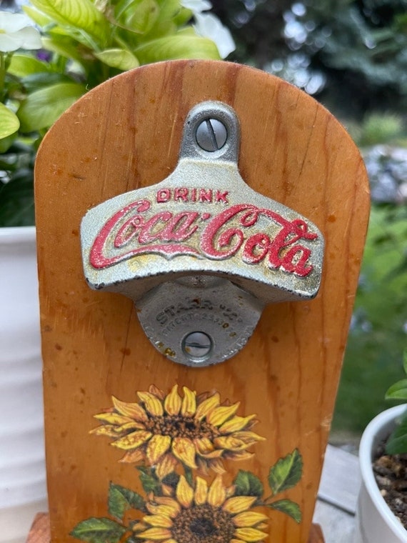 Vintage Coca Cola Bottle Opener, Sunflowers, Wall Mount, Wooden