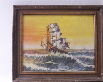 Sailing Ship on top of a Wave, Embroidery Painting, Framed, Fiber Art, Sea, Ocean, Wall Hanging, ~ 240824-GS 1094