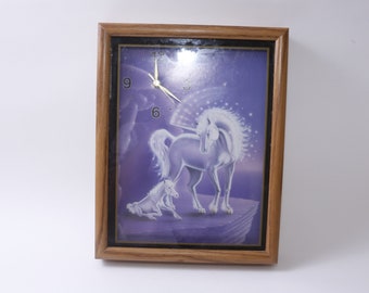 Clock, White Unicorns, Picture, Wall Hanging, 14.5", Blue, Framed, Fantasy, Home, Interior, Decor, Kids Room, Vintage, ~20-01-558