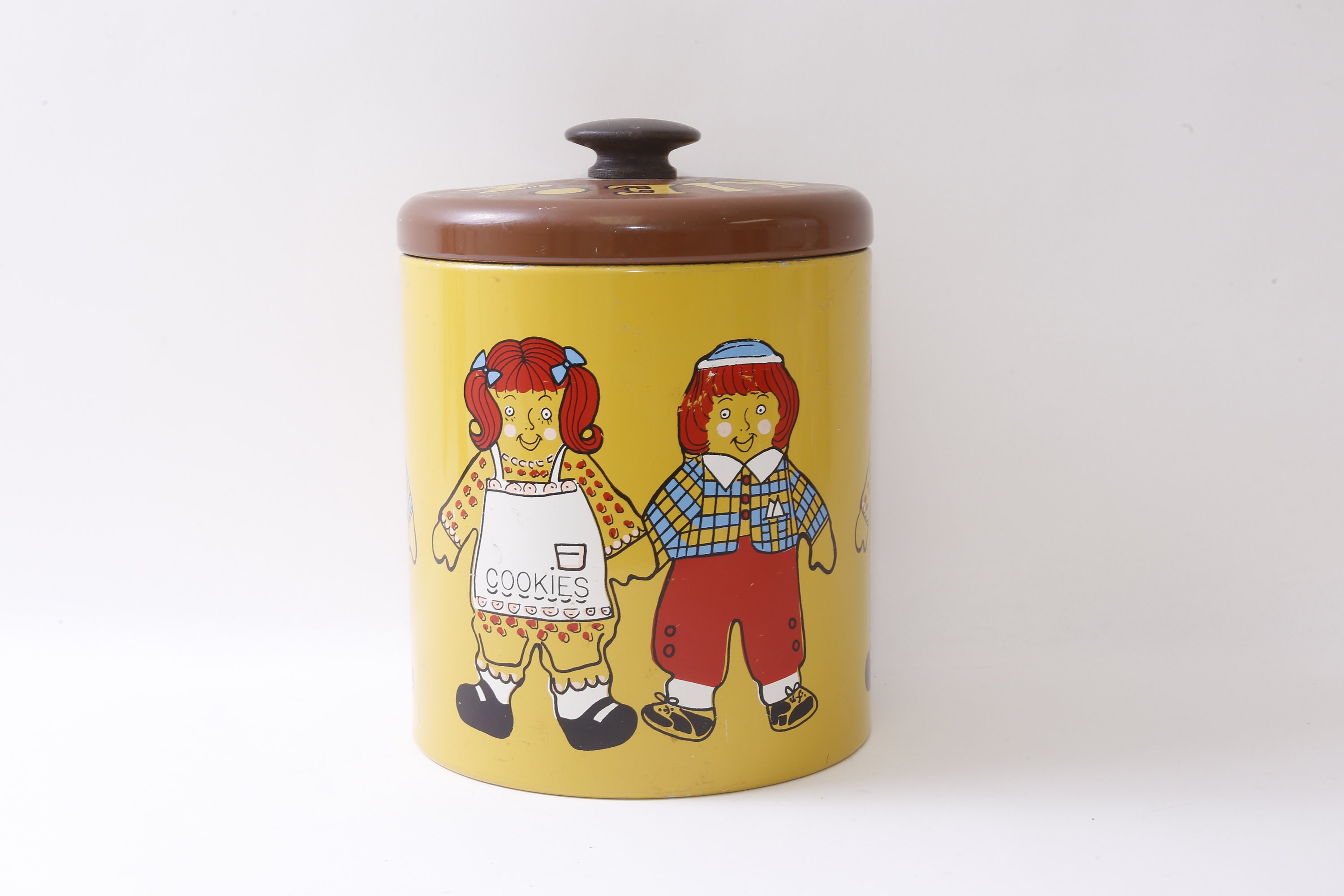 Raggedy Ann and Andy, Cookie Tin, Container, Jar, Yellow, 8