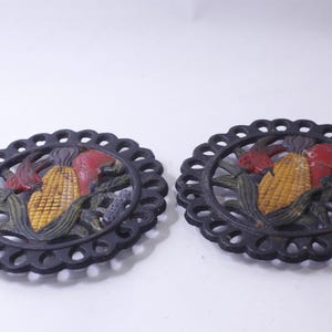 Cast Iron Trivet with Corn and Vegetables, Set of 2, Hand Painted, Kitchenware, Heat Resistant, Vintage Style, ~ 240912-WH 1215