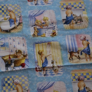 Blue, Fabric Sheet, Quilt Squares, Baby with Dog, Dick and Jane, Humorous, Kids Room, Bedroom, Pattern, 46x42", Craft, Vintage, ~ 1258