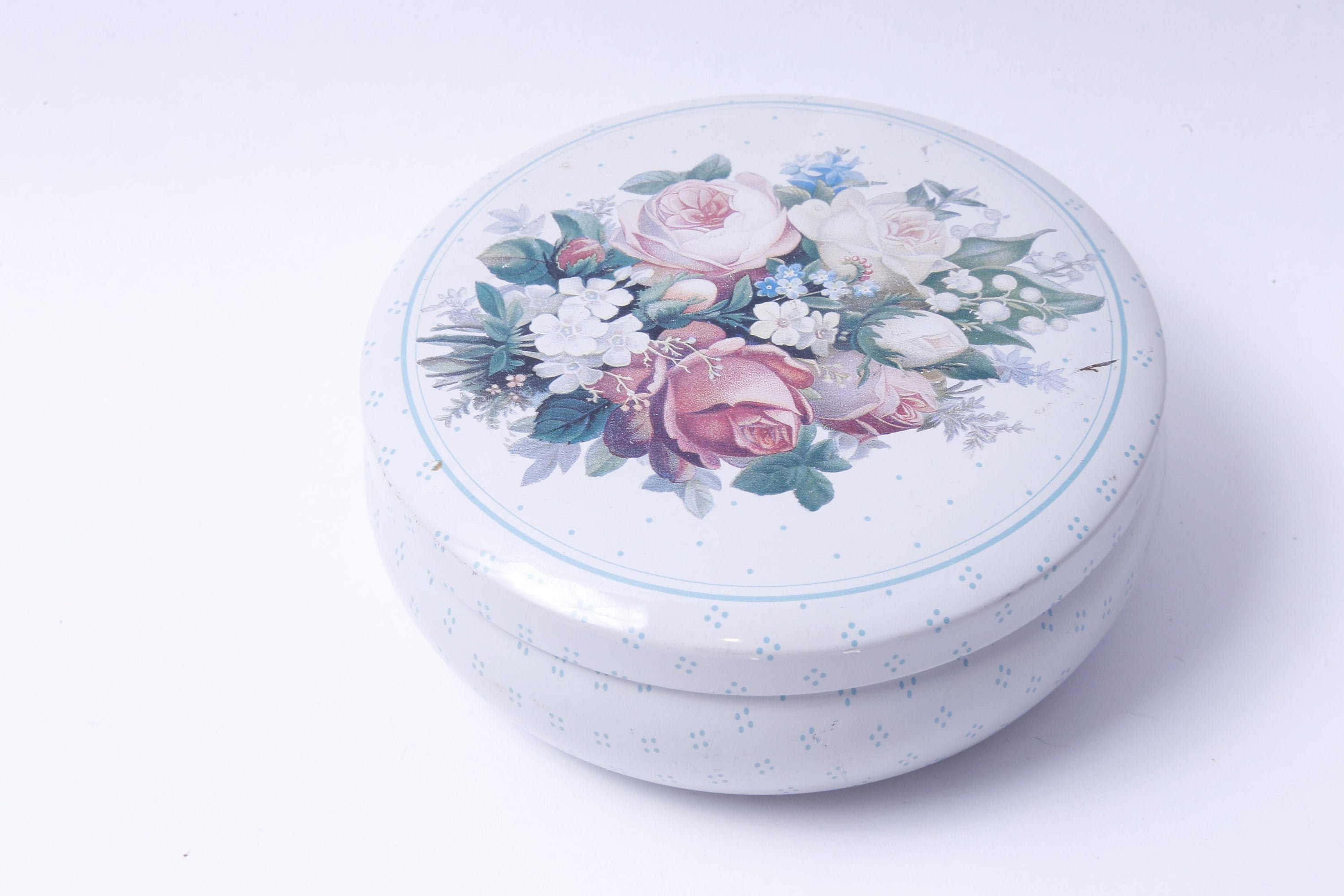 White, Round, Metal Tin, Box, Flowers, Dotted, Jewelry Storage, Keller-Charles, Interior Decor, Collection, Vintage, Photo Prop, ~ 20-01-111