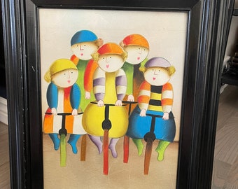 Cycling Boys, Painting, Joyce Roybal style, Black Frame, People, Sports, Vibrant, Fine Art, Wall Hanging, ~ 240107-WH LRG 240130-wh HME