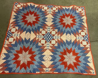 Geometric Patchwork Quilt, 50x45 inches, Bright Colors, Little Flowers, Cozy, Retro Design, Starburts ~ 241230-WH 28