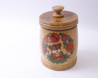 Russischer Honigtopf aus Holz, Blumenmuster, signiert, Udmurtisches Öl, Souvenir, dekoratives Küchenaccessoire, ~ 240401-WH 901