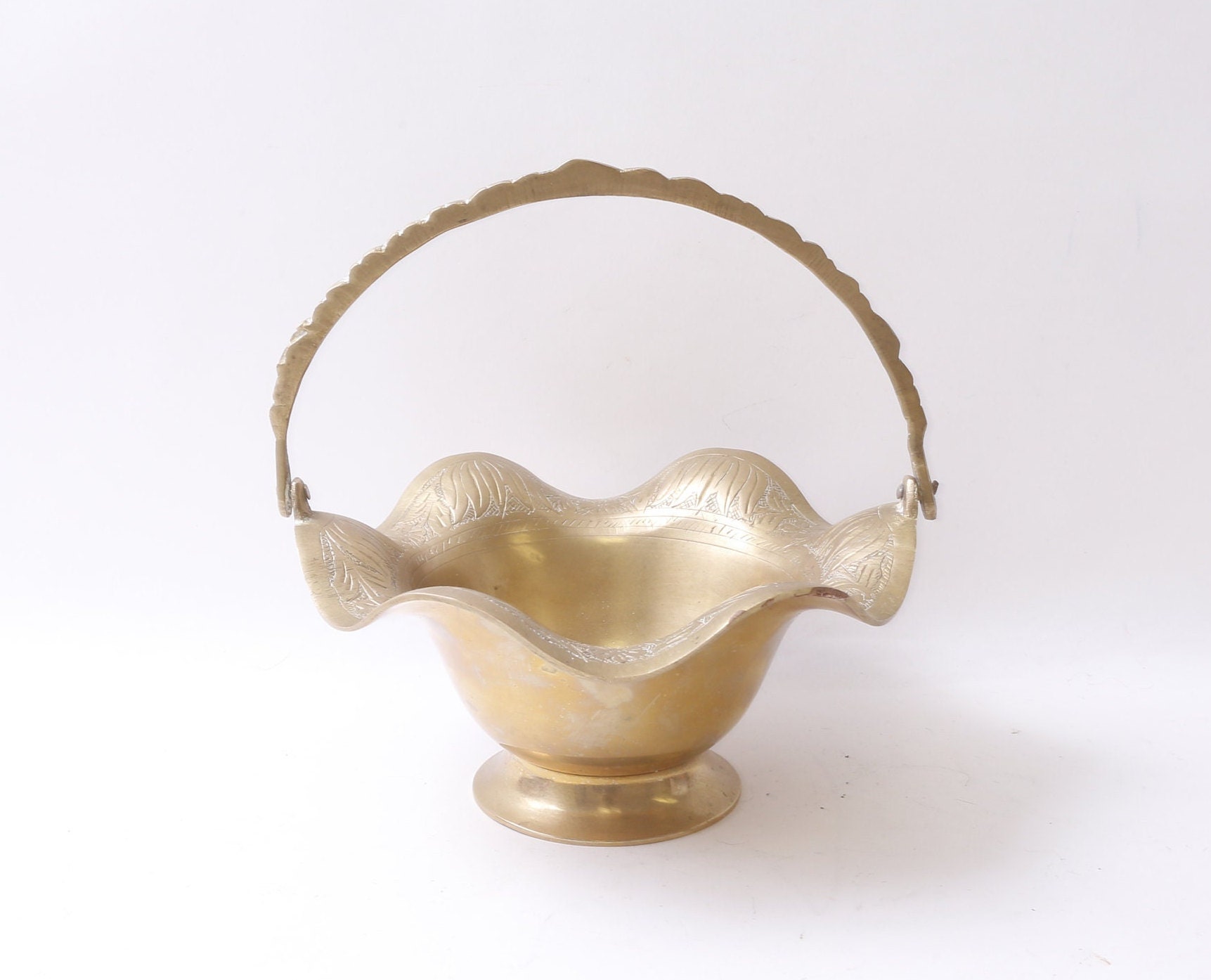 真鍮製バスケット、花瓶、花柄、7 インチ、収納、家庭用、インテリア