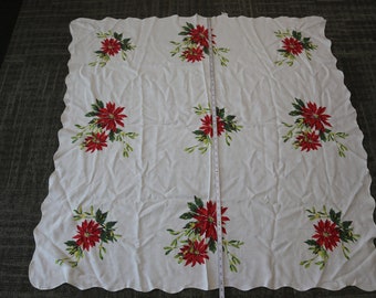 70s Christmas, Poinsettia, Red Flowers, White, Tablecloth, Square, 48", Table Cloth, Fabric, Tabletop, Kitchen, Decor, ~221109-DIS-1 1157