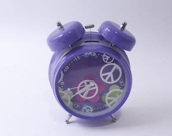 Y2K Hippe Peace 60s revival Purple Alarm Clock with Peace Symbols, Classic Round Design, Eye-catching, ~ 241210-WH M-15-01
