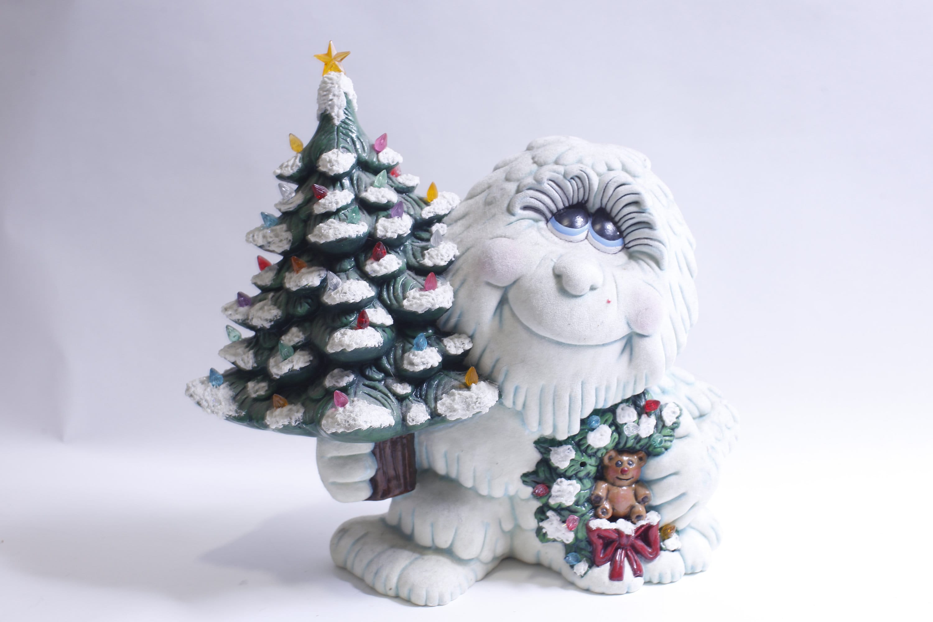 Adorable White Yeti Holding Christmas Tree and Wreath, Ceramic