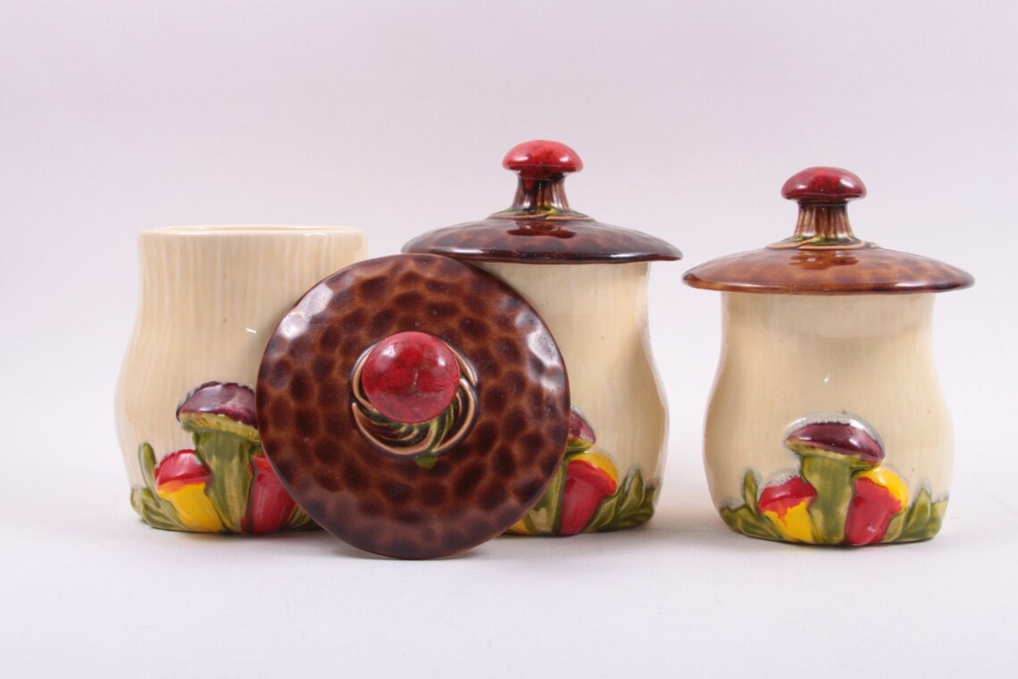 Mushroom Jars Ceramic Cookie Jars Toadstool Awesome Set Etsy