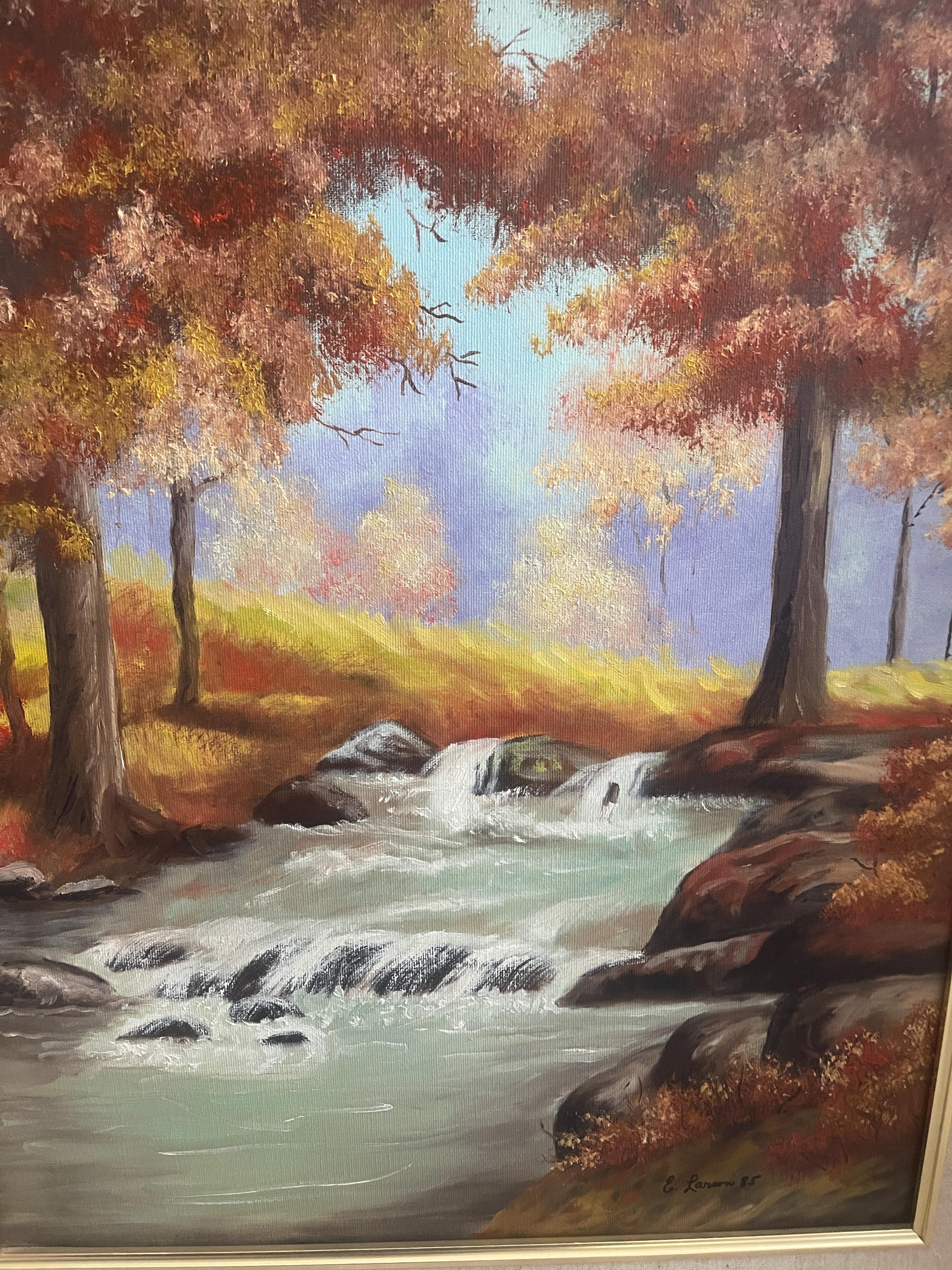 Autumn Landscape, Vintage Oil Painting, River and Trees