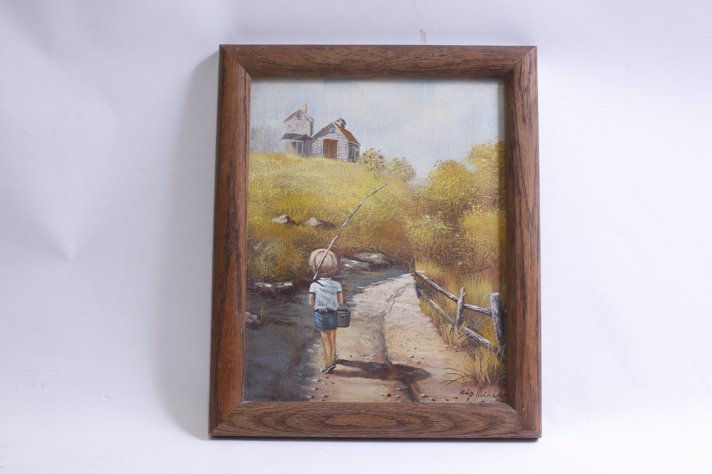 Little Boy Fishing Walking Back Home, Painting, Framed, 9 1/2 X 11 1/2,  Signed, Kip Mckinney, Rural, Countryside, Art, 230624-GS 32 