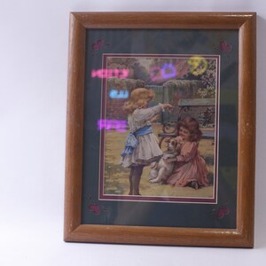 Two Girls Playing with a Puppy, Vintage Print, Ernest Nister, Framed, Retro Postcard Picture, Wall Hanging, ~ 240820-WH D-2