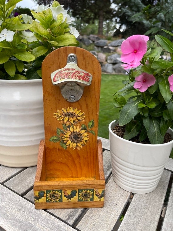 Vintage Coca Cola Bottle Opener, Sunflowers, Wall Mount, Wooden