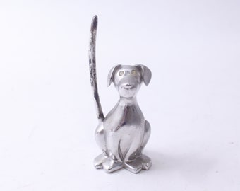 Cute Silver Dog with Long Tail, Ring Holder, Decorative Figurine with Rhinestone Eyes, Jewelry Storage, Vintage, ~ 240820-WH 1013
