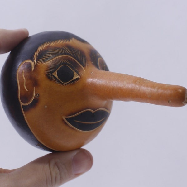 Man's Face with Long Nose, rattle, Folk Art Gourd with Pyrography, South American, Interior Decor, Collectible, ~ 240217-WH 857