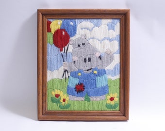 Hippo with Balloons, Crewel, Picture, Framed, 9.5x11.5", Wall Hanging, Nursery Decor, Fiber Art, Collectible, ~ 230826-GS 429