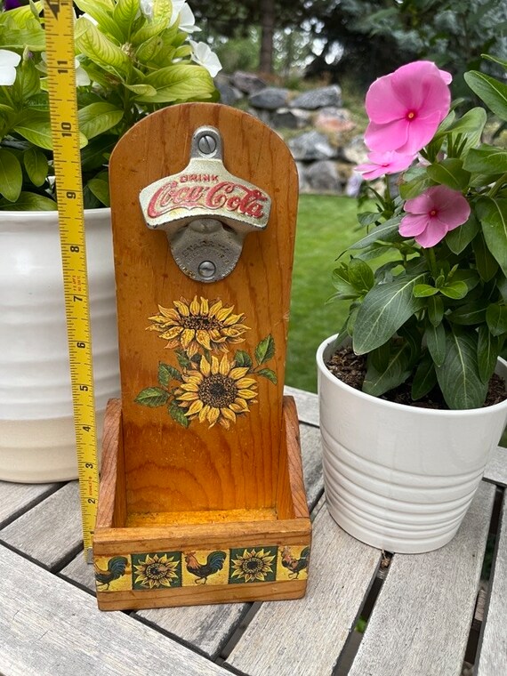 Vintage Coca Cola Bottle Opener, Sunflowers, Wall Mount, Wooden