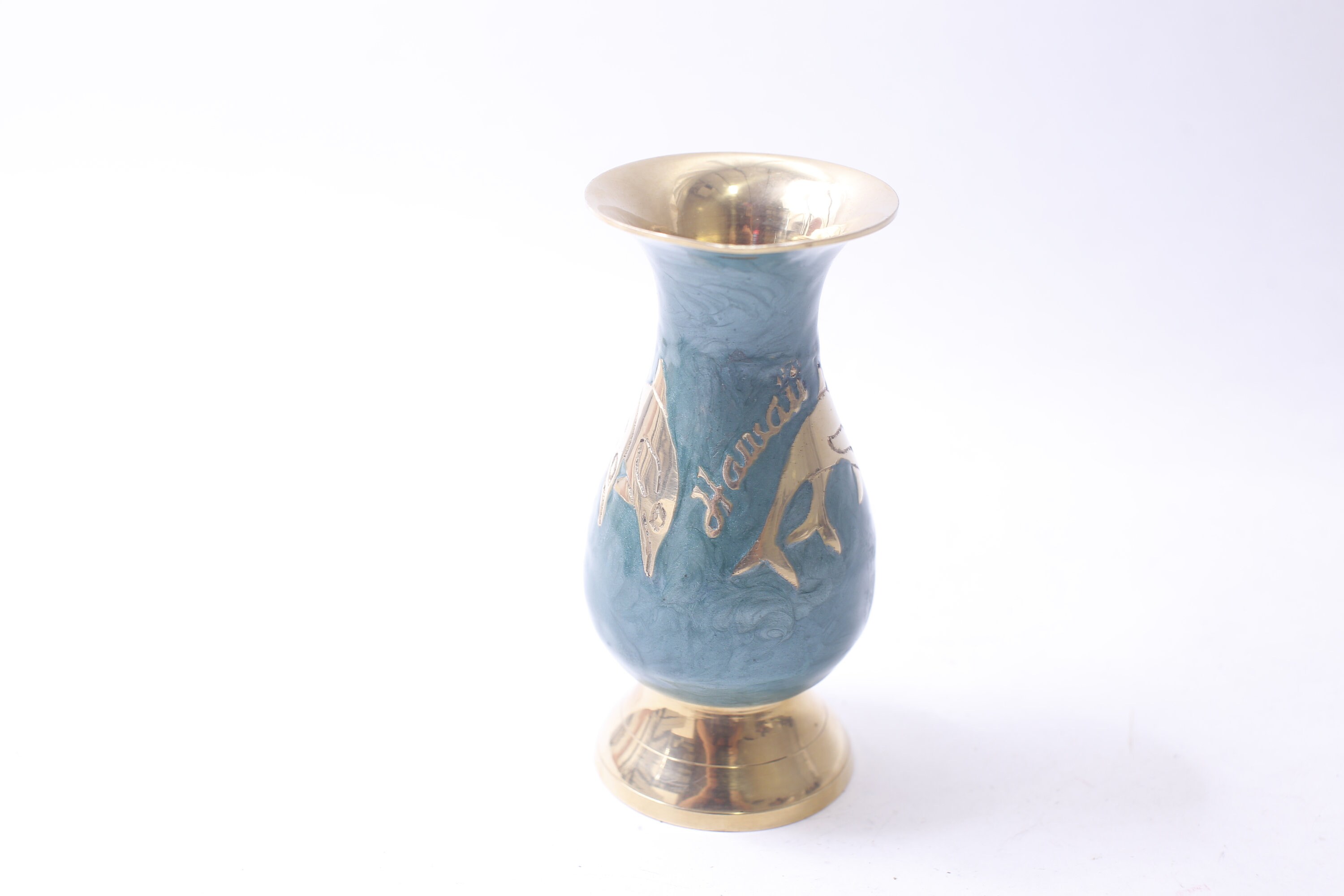 Hawaii, Brass Vase With Embossed Dolphins, Coastal, Tropical