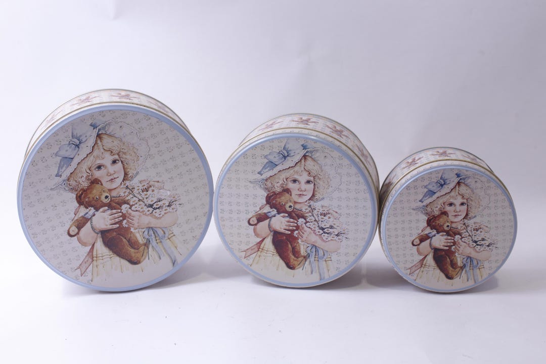 Meg by Jan Hagara, Stacking Tin Boxes, Set of 3, Little Girl With Teddy ...