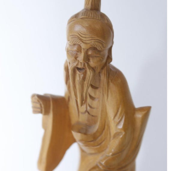 中国の漁師、木製、手彫り、彫像、老人、杖がない、卓上、フィギュア