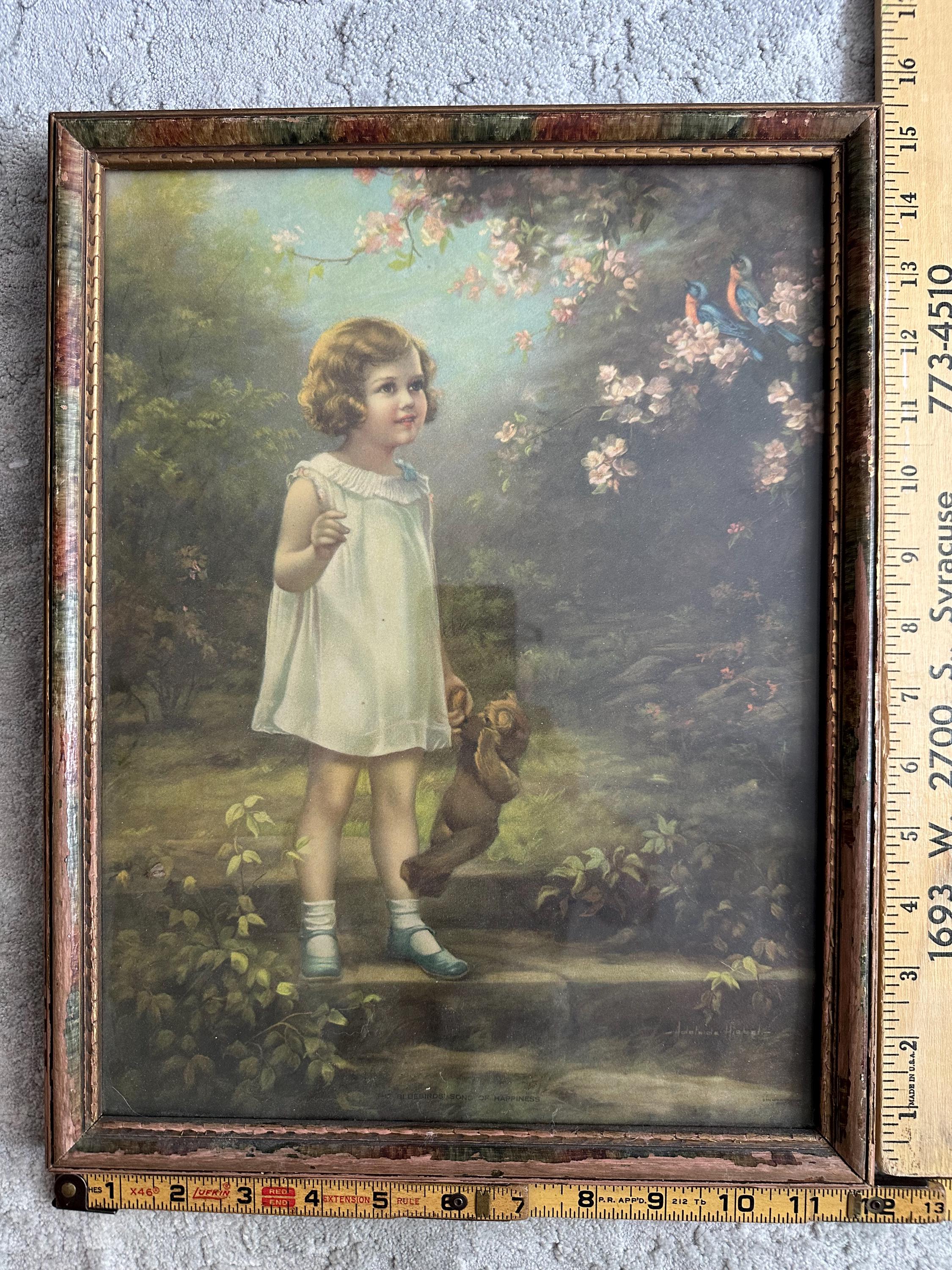 美品 Baby ＆ Blue House of Happiness 陶板画 The Bluebirds' Song of Happiness, Little Girl Looking at Birds