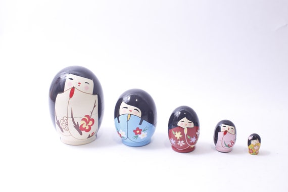 Japanese Wooden Nesting Dolls, Set of 5, Kokeshi, Painted Floral Kimono,  Matryoshka Style, Decorative, Collectible, 240824-GS 1088