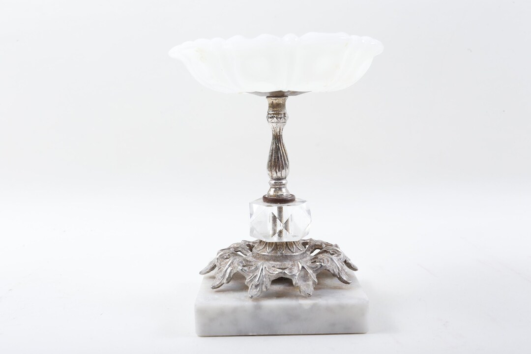Vintage Marble Candy Dish Candle Holder Italian Brass White Vase Stand