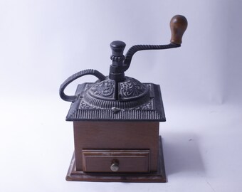 Antique Coffee Grinder, Hand Crank, Wooden, Cast Iron, Manual, Decorative, Rustic, Kitchen Decor, ~ 240109-WH 701