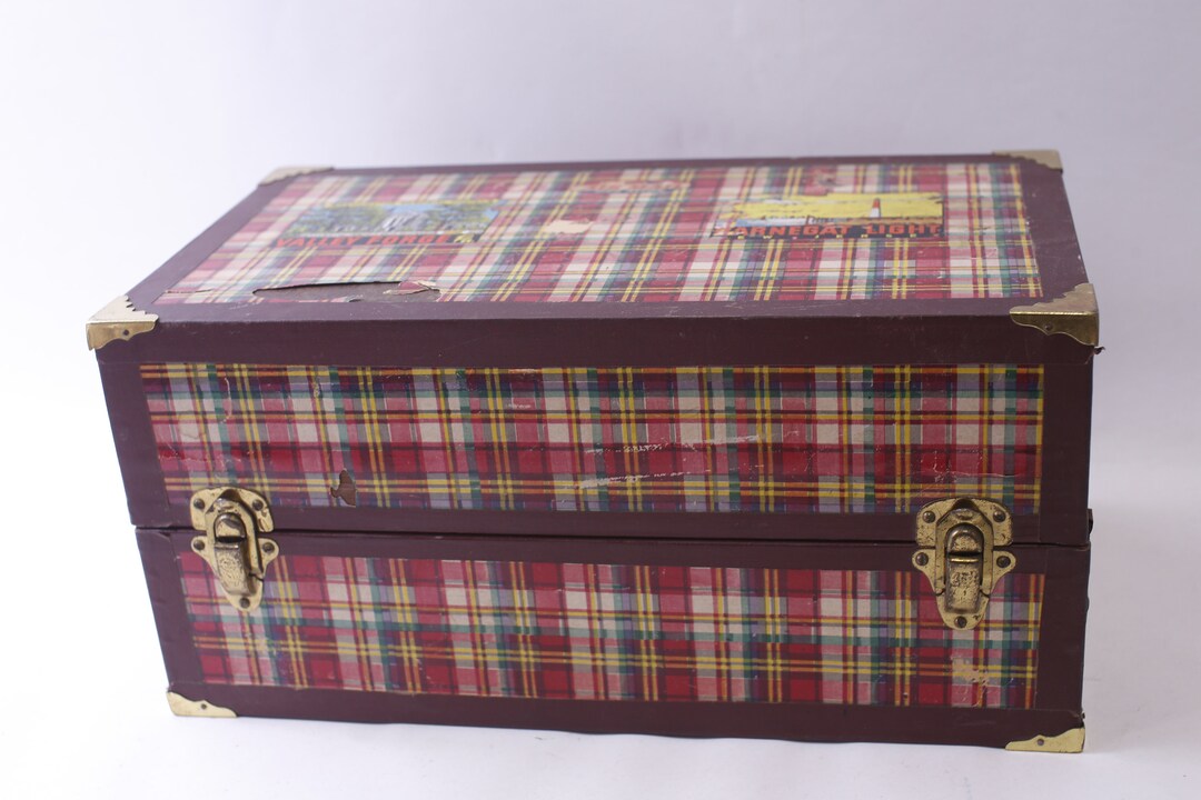 1960s Vintage Red Plaid Trunk, Metal With Brass Hardware, 16 X 8 X 1960s Vintage Red Plaid Trunk, Metal With Brass Hardware, 16 X 8 X