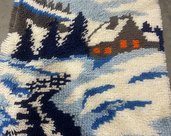 60s 70s Winter Scene Latch Hook Area Rug or Wall Hanging, Completed Hook-A-Rug Kit, Countryside, Landscape, Home Decor, ~ 241106-WH 1008