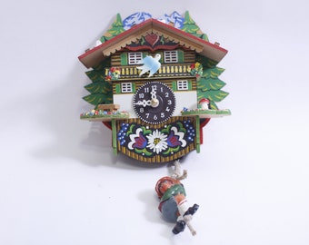 Cuckoo Clock, Wall Clock, Cute Deer, Boy hanging on Rope, Plastic, Painted, Quartz Clock, Vintage, Wall Hanging, Decor, ~ WH-016 542