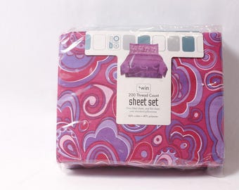 Ensemble de draps magenta Y2k style Flower Power des années 60, floral pour lits jumeaux, 200 fils, draps-housses plats taie d'oreiller ~ 260331-WH 1050