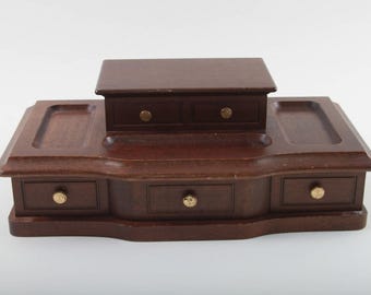 Portagioie vintage in legno, miniatura con cassetto, piccoli scomparti, piano superiore con rivestimento interno in velluto blu, prodotto in Giappone, decorazione per la casa ~ 20-01-735