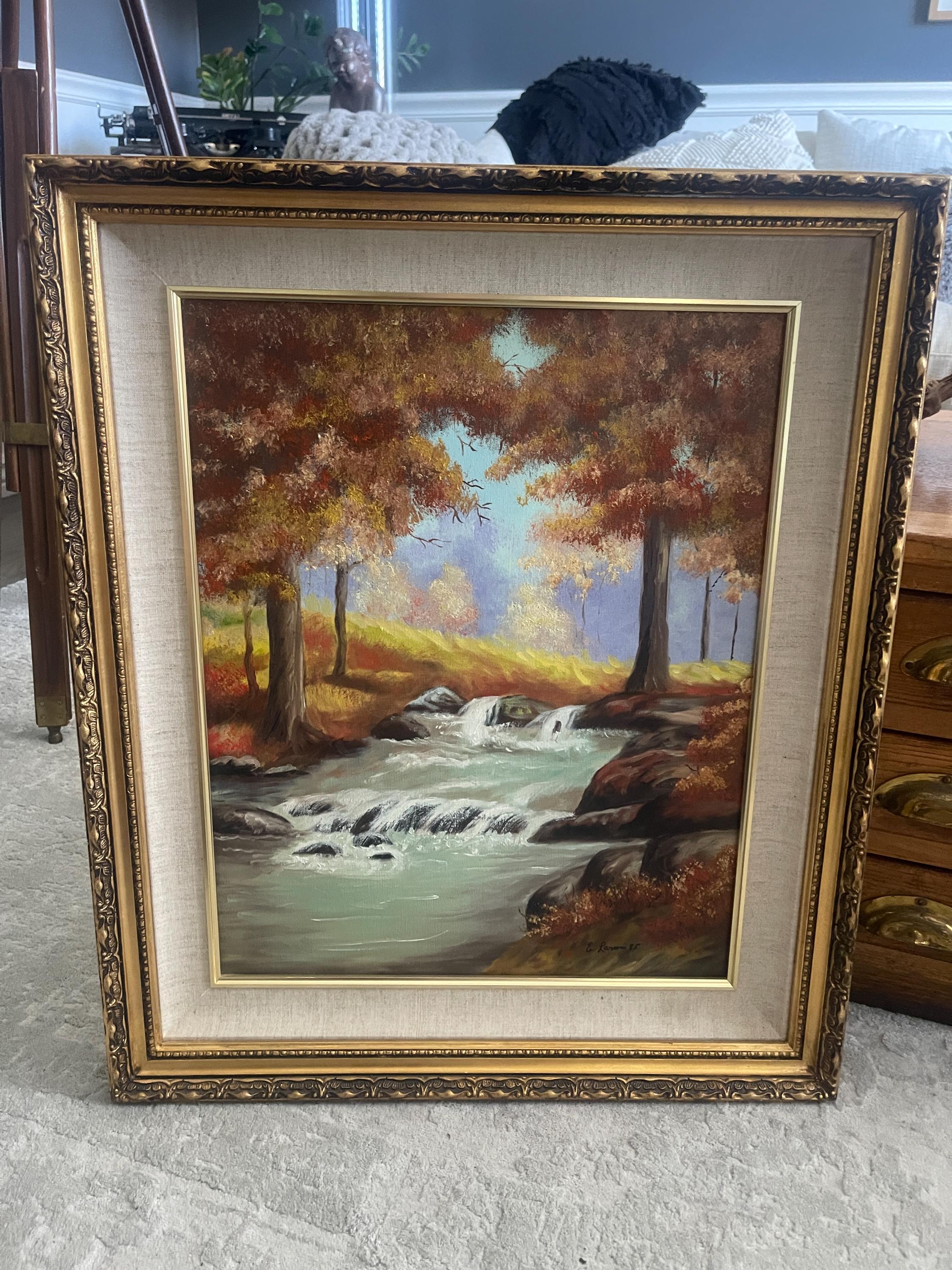 Autumn Landscape, Vintage Oil Painting, River and Trees