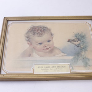 Cute Baby Looking at a Little Bird, Retro Trade Card, Framed, Studebaker Cars and Trucks, Advertisement, Collectible, ~ 240719-SHC SHC-039