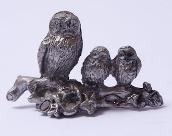 Owls, Birds, Family, Mother, Babies, Animals, Little, Pewter, Figurine, 2&quot;, Statuette, Interior, Decor, Vintage, ~ 6